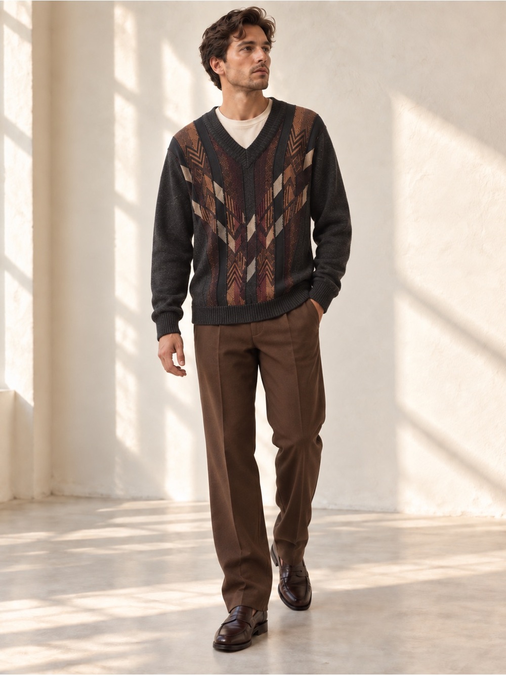 Vintage Cavori Charcoal Brown Geometric Wool Blend V-Neck Sweater Sz 4XL